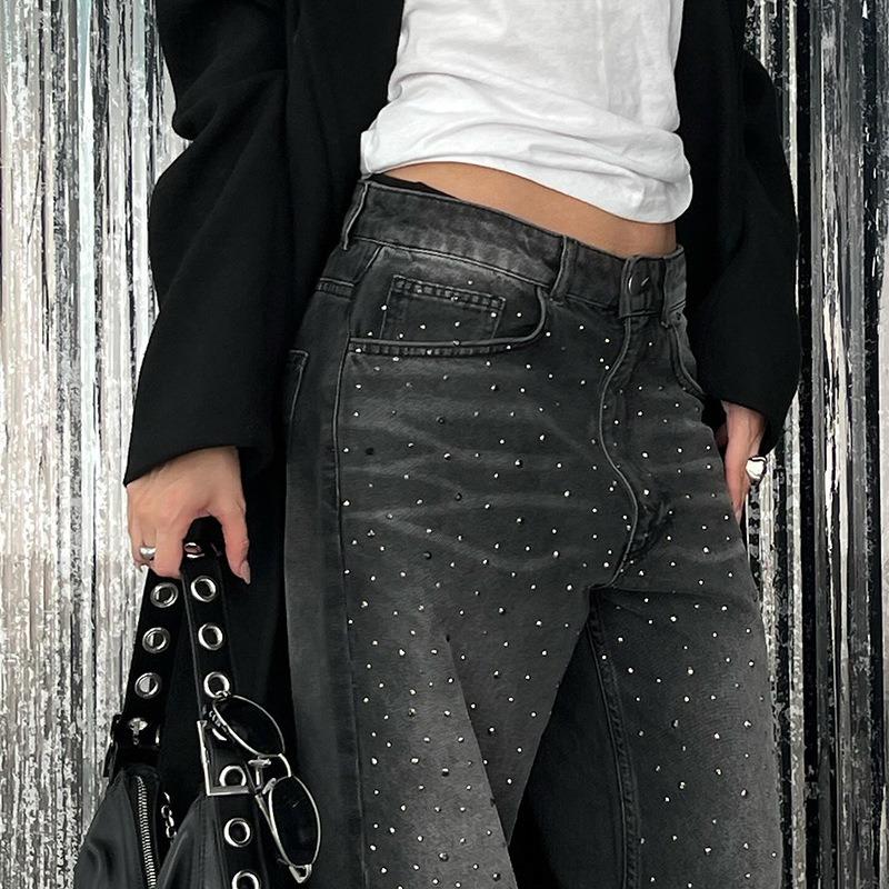 Women's Retro Personality Hot Drill Do Old Loose Wide Leg Low Waist Jeans Spring and Summer New Drape Casual Trousers