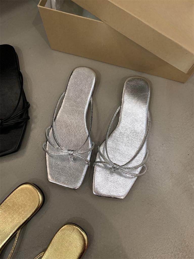 Spring 2025 new flat-bottomed cool slippers square head fairy style with skirt strap cover toe silver sandals women's shoes