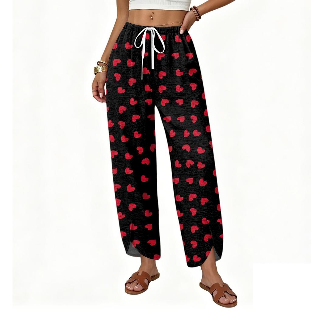 Damen Lässige Weite Hosen Lockerer Sitz Gerader Schnitt Knopfdetail Bedrucktes Muster Kordelzug Taille Lange Hosen