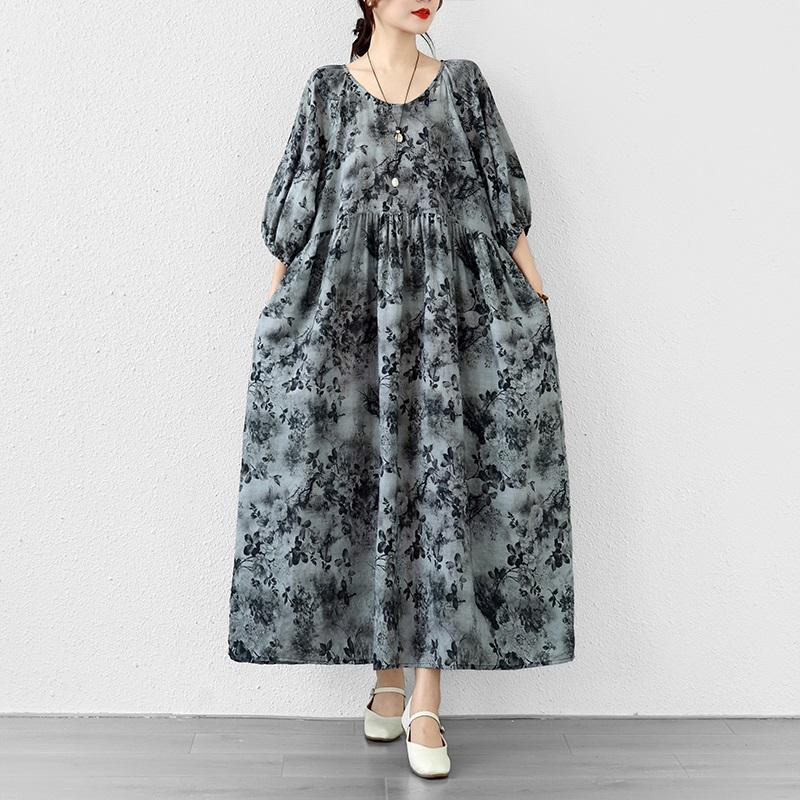 Krátký rukáv Plus size Bavlněné vintage květinové nové šaty pro ženy ležérní volné dlouhé letní šaty
