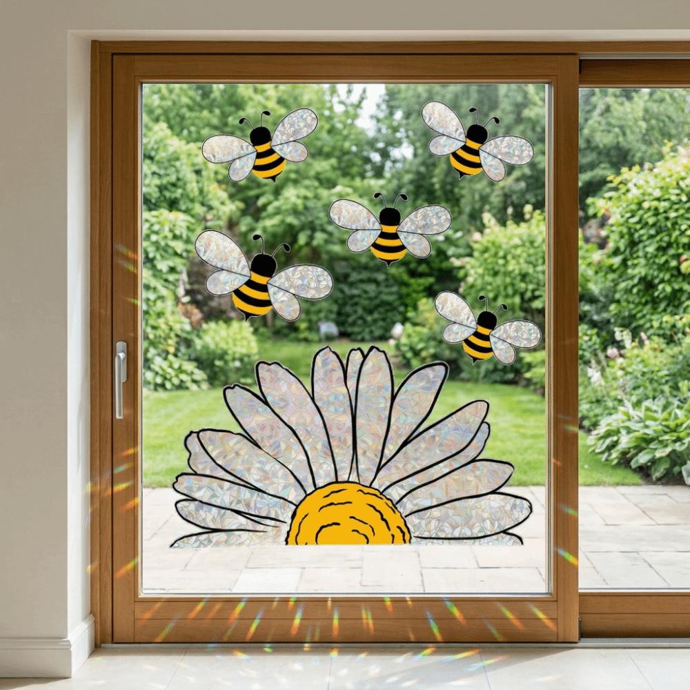 Removable Bee Glass Sticker Waterproof Sunflower Wall Decals Art Bee Window Stickers  Living Room