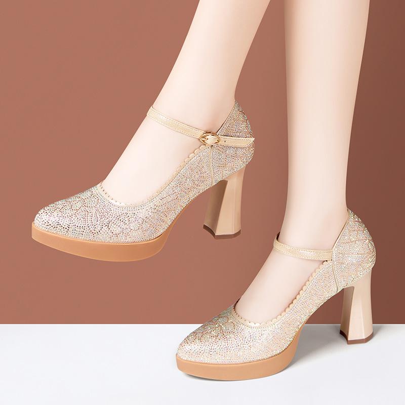 

7см 9см Неглубокий Вырез Стразы Серебристые Свадебные Туфли Невесты Блок Высокий Каблук Весна 2025 Обувь из Натуральной Кожи Платформа Платье 41