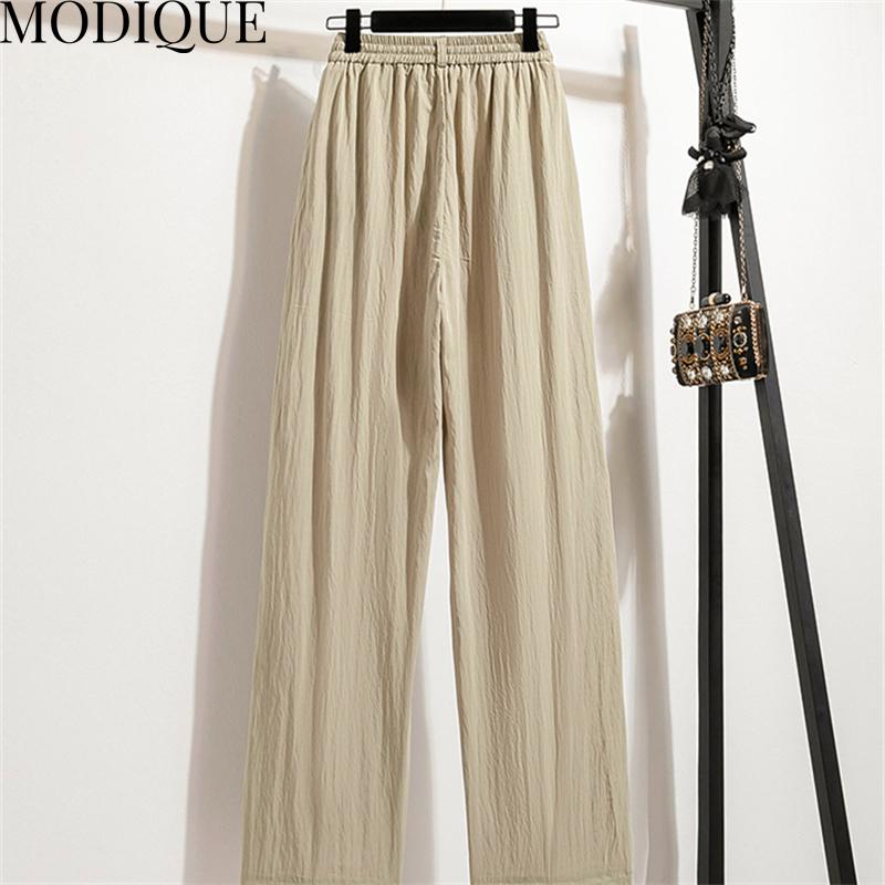 MODIQUE Vår Sommer Plus Size Ny Dame Løst Lang Lin Rett Bukser Joggebukser Dame Casual Basics Ankellange bukser med vidde ben