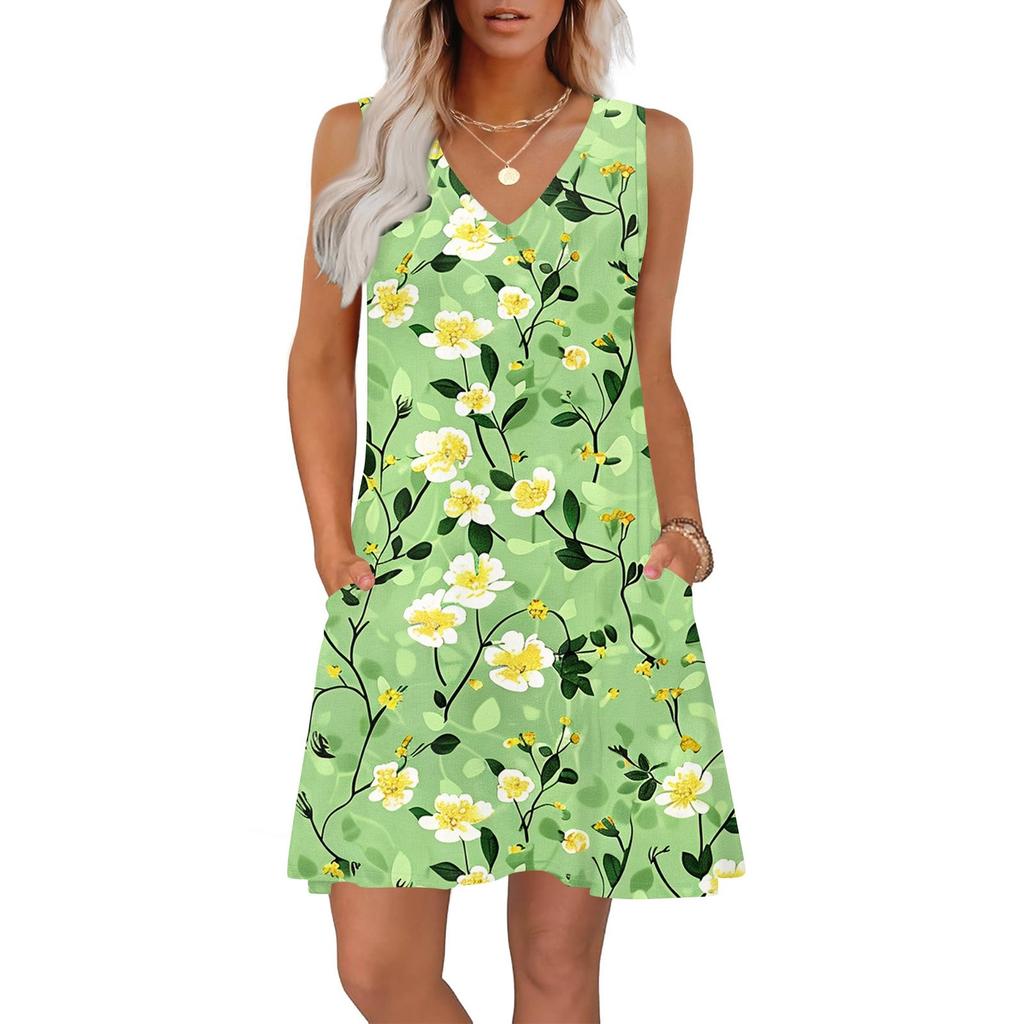Women's Summer Dresses Loose Fit Printed V Neck Sleeveless Sundresses Beach Hawaiian Dress With Pockets