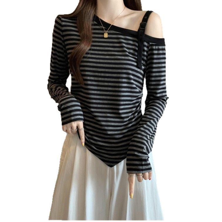 Women's Plus Size Off-the-Shoulder Striped Long-Sleeve Top - Slimming, Belly Concealing, Versatile for Spring & Autumn 2025.