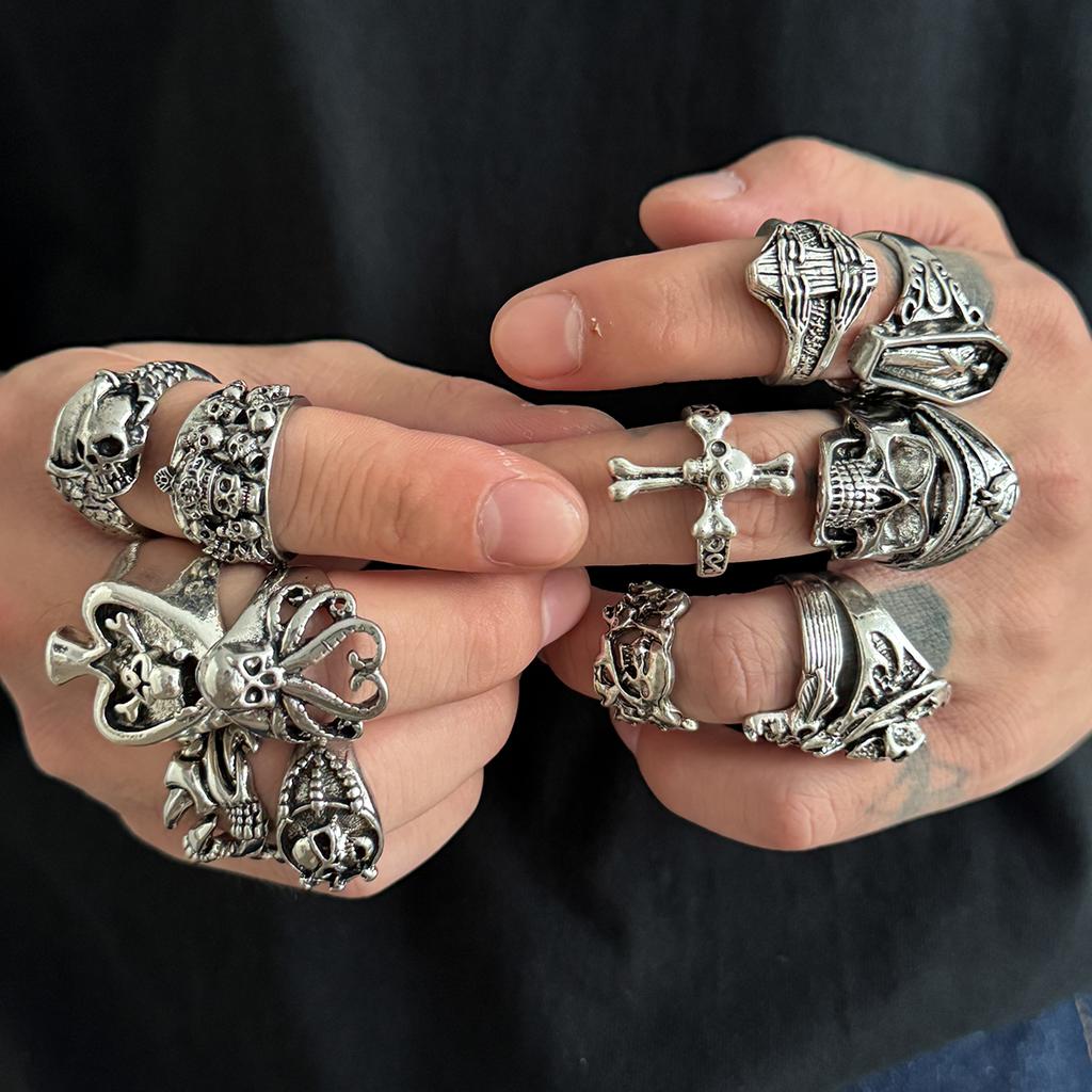 Ingemark Halloween Goth Skull Spider Snake Rings Set for Men Vintage Silver Color Big Size Rings Unisex Festival Party Jewelry
