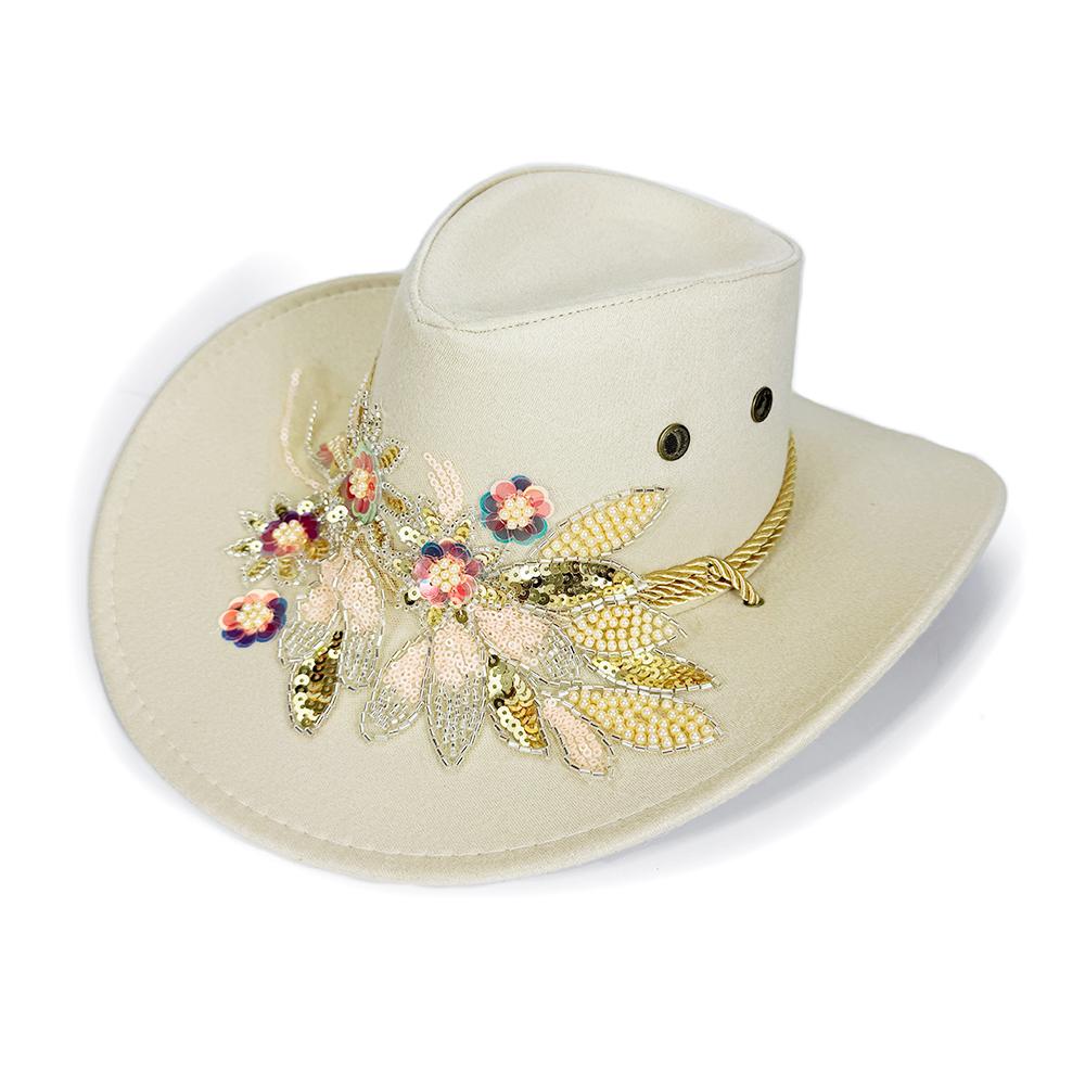 Zealous Sole Women's Ivory Floral Embroidery Cowgirl Hat Fashion Wide Brim Suede Western Caps Autumn Felt Jazz Caps Panama Hats Street Party Outdoor Cm