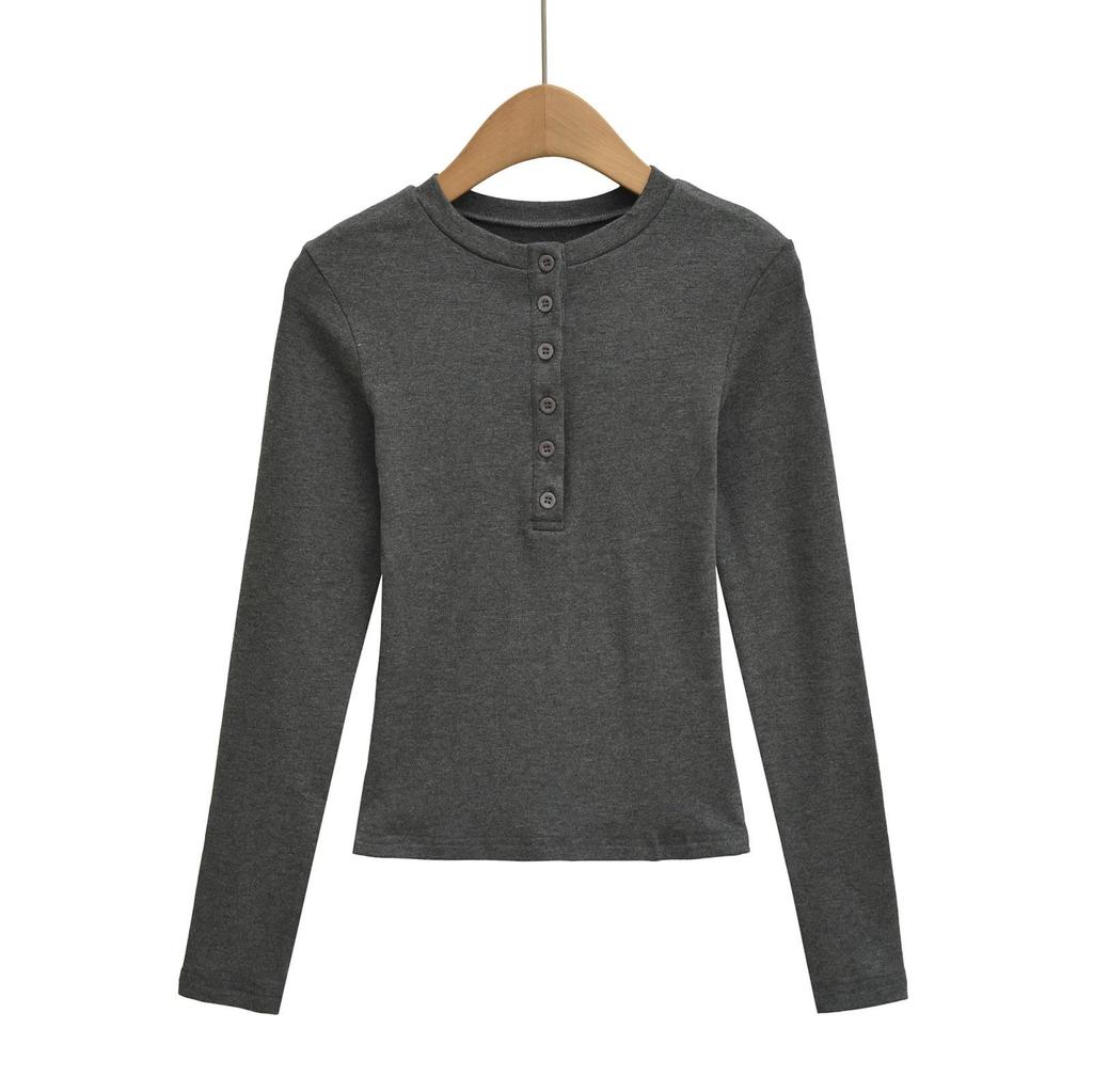 Damen Spicy American Henley Samt-T-Shirt – Warm, Knopfleiste, Langarm für Herbst/Winter, Eng anliegend, Basisschicht