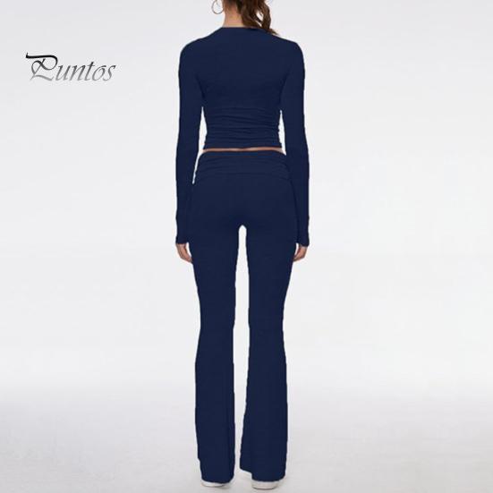 2 Pcs/Set Women Top Pants Suit Skinny High Waist O Neck Long Sleeves Pure Color Stretchy Soft Breathable Yoga Bell Bottoms T-shirt Set Spring Summer