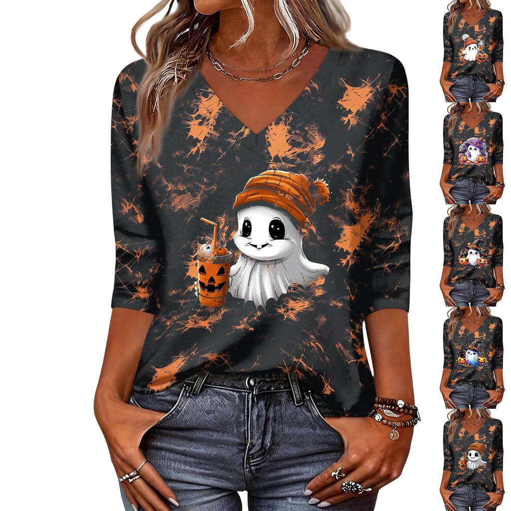 Women's Halloween Print V-Neck Three-Quarter Sleeve Casual Top