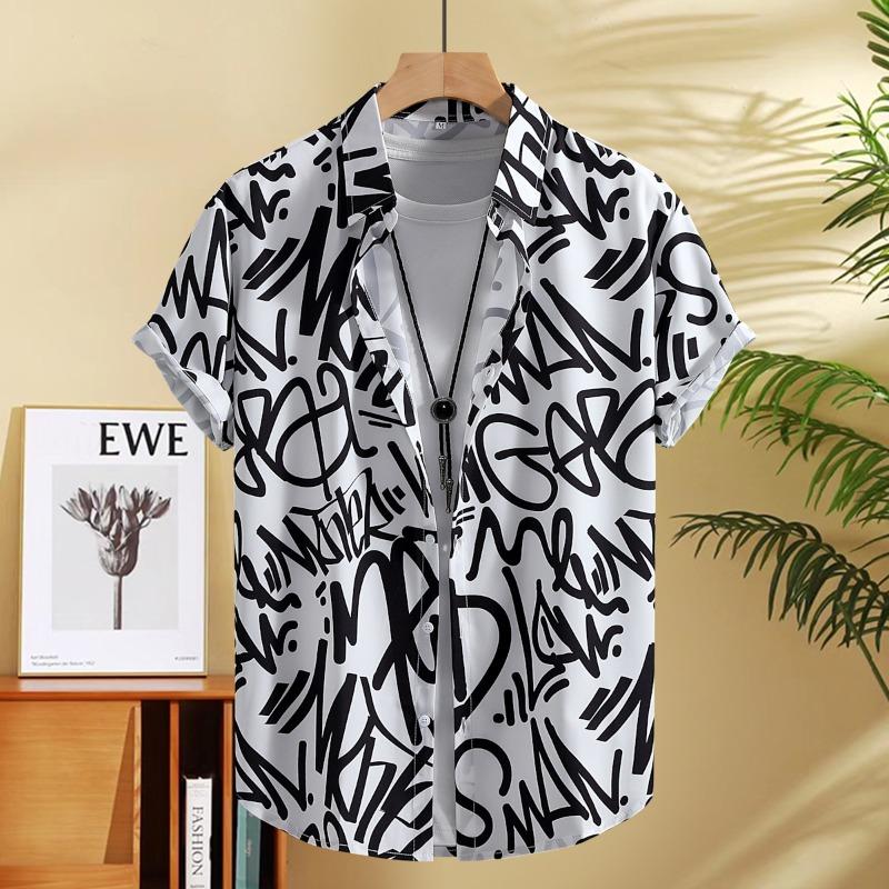 Casual Men's Letter Graffiti Print Short Sleeve Shirt