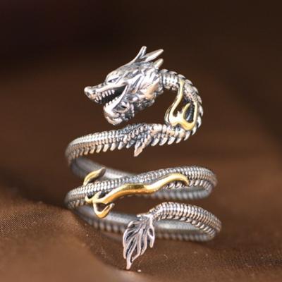 Buyee Anneau Unique Grand en Argent Sterling 925 Dragon Chinois Élégant Anneau Ouvert Doigt pour Hommes Rock Punk Bijoux Fins Cercle Cadeau