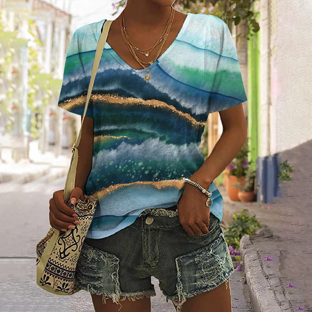 Printed Striped T-shirt New Simple Clothes Casual V-neck Short-sleeved T-shirt Retro T-shirt Summer