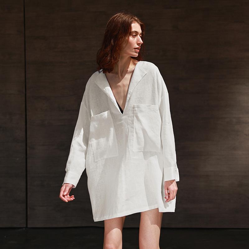 Old Money Wind Pure Linen Long Sleeve Dress Vacation Deep V-Neck Loose Silhouette Shirt Skirt
