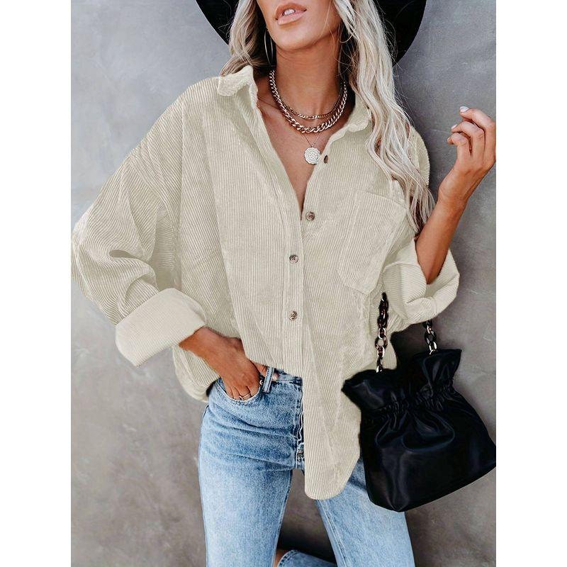 

2025 Cross-Border European and American Wish Amazon New Autumn and Winter Women s Shirts Solid Color Lapel Ribbed Casual Jacket for Women Off-White M