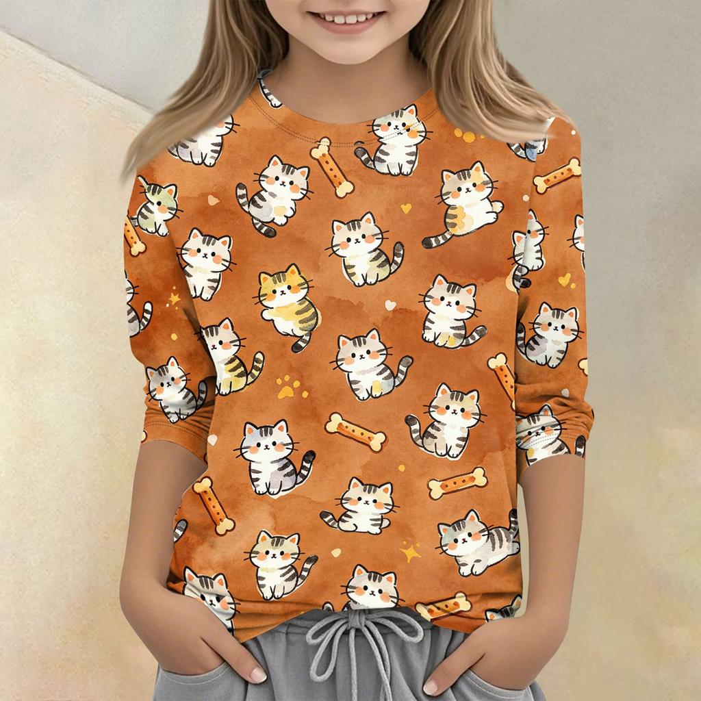 Kids Animal Print Crew Neck 3/4 Sleeve Casual T Shirt Soft Fabric Lightweight Comfortable Fit for Everyday Wear
