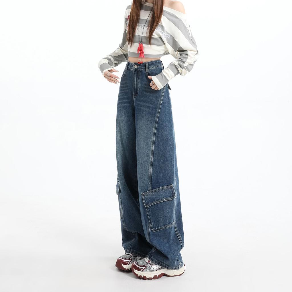 Early Spring Vintage High Waist Floor Wide Leg Cargo Denim Pants For Ladies Casual Pants Oversize Denim Trousers
