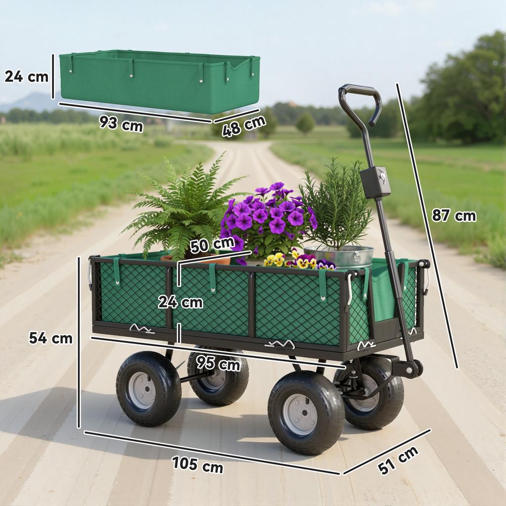 114L Steel Garden Cart with Tool Bag and Removable Sides, 105x51x54 cm, Green