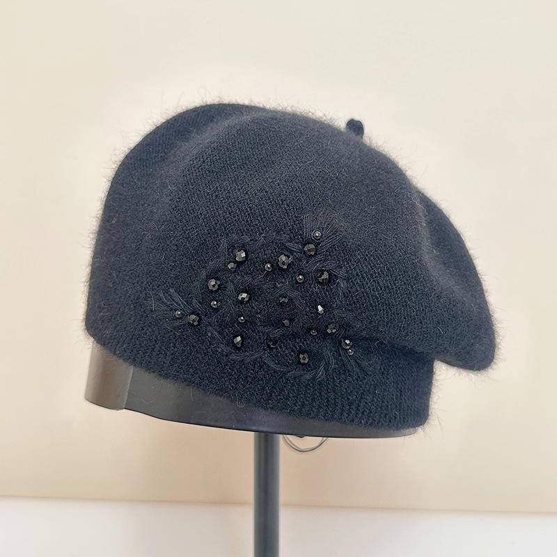 Rabbit Down Pearl Knitted Beret Female Autumn and Winter Painter Hat Warm Wool Hat Winter Hats for Women, Beanies for Women, Hats for Women Winter