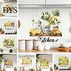 Nordic Style Wall Decor Watercolor Kitchen Stickers, Lemon Green Plant Teapot Self?Adhesive Decals, Peel Stick Mural Waterproof Stove Stickers