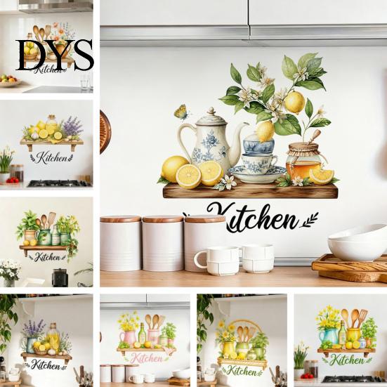Nordic Style Wall Decor Watercolor Kitchen Stickers, Lemon Green Plant Teapot Self?Adhesive Decals, Peel Stick Mural Waterproof Stove Stickers