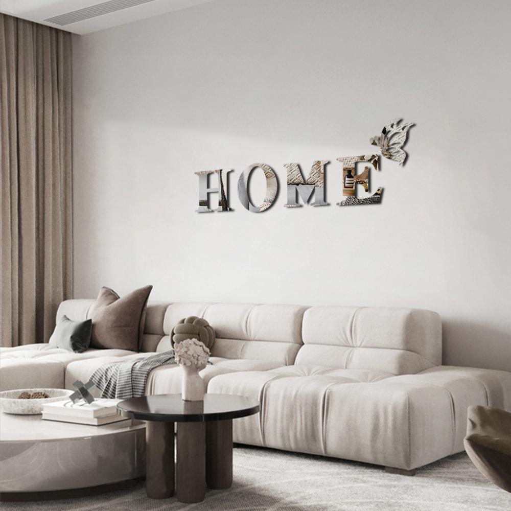 5pcs English Letter HOME Butterfly Acrylic Wall Sticker Self-adhesive Mirror Wall Sticker DIY Interior Decoration Living Room Entrance Wall Painting