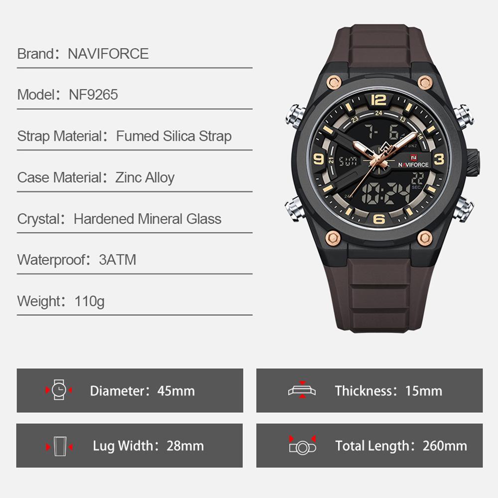 NAVIFORCE Original Men Quartz Watch Calendar Date LCD Display Luminous Pointer Silicone Strap Waterproof 30m Men Casual Fashion Watch NF9265