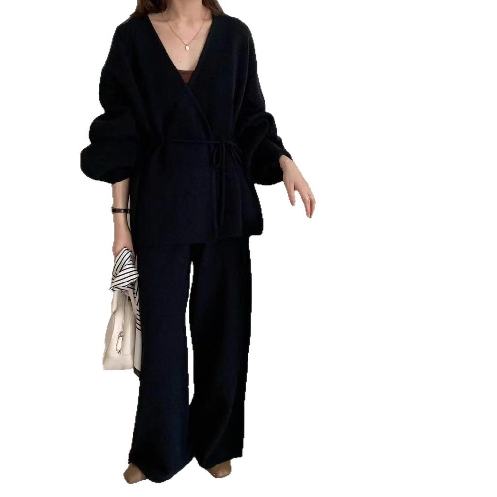 New fashion foreign trade set, women's autumn/winter new elegant loose belt belt knit cardigan wide-leg pants two-piece set