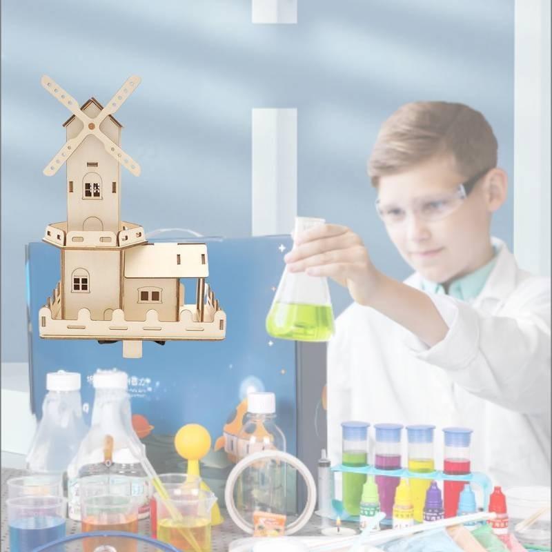 Children's Wooden Diy Dutch Windmill Science Toy Electric Light House Educational Model