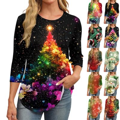 Women's Fashionable Round Neck Seven Quarter Sleeve Retro Printed Casual Basic Pleated T-shirt Top
