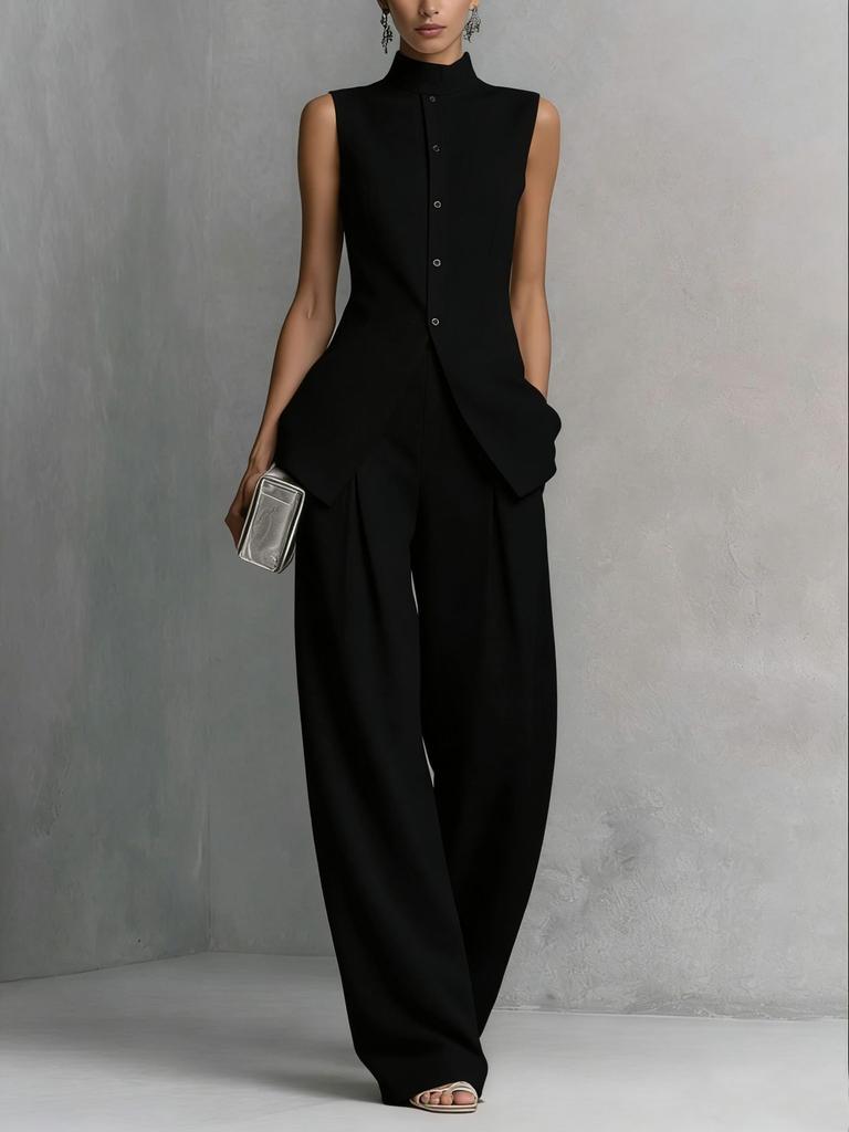 2026 European and American Amazon Cross-border Independent Site Draped Cotton-Linen Shirt Solid Color Fashionable Elegant Sleeveless Long Pants Set