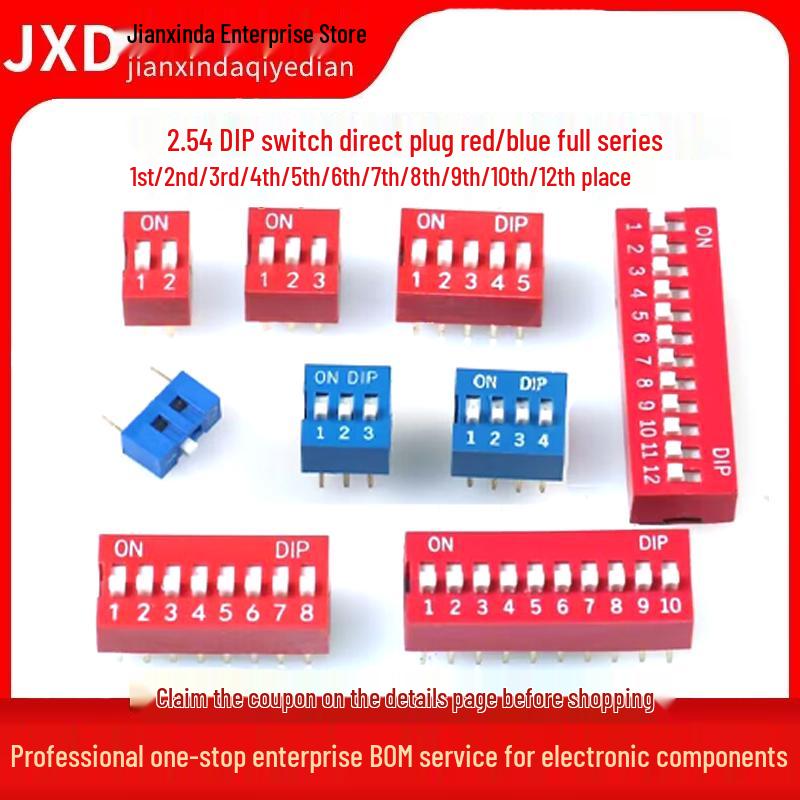 2.54mm Red Blue Position DIP Switch DS-1 to 10P, Through-Hole, Flat Actuator