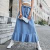 Women Elastic High Waist Bandage  A Line Ruffles Jean Denim Skirt
