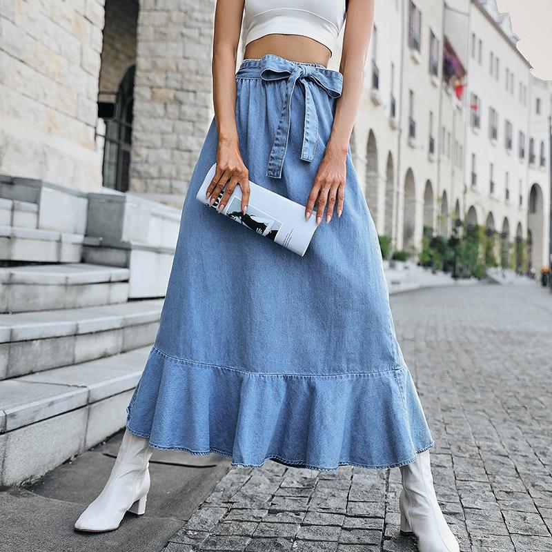 Women Elastic High Waist Bandage  A Line Ruffles Jean Denim Skirt