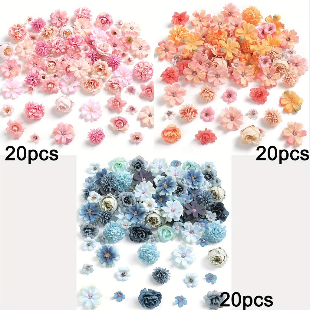 60Pcs Mix Artificial Flowers Head Silk Rose Fake Flowers for Home Room Decor Wedding Decoration Craft Gifts Wreath Accessories
