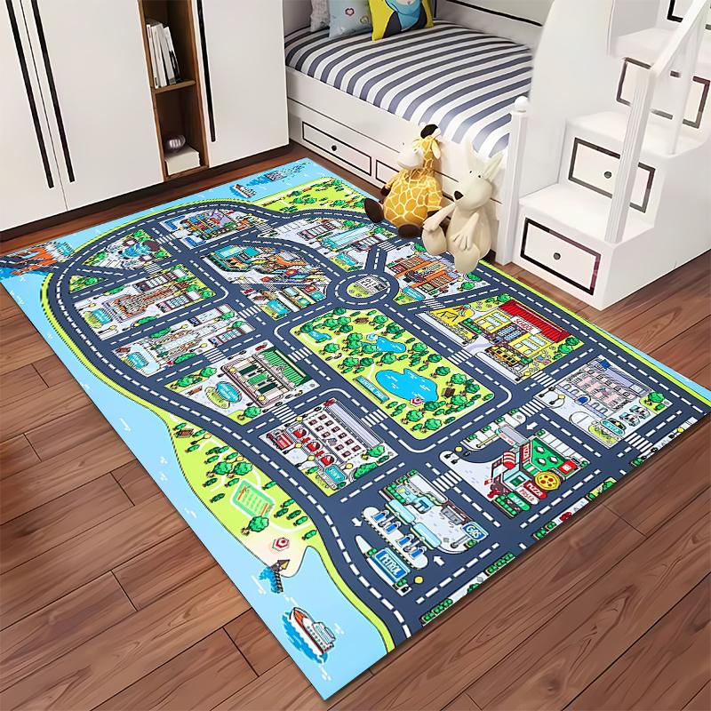 Colorful City Map Rug with Landmarks Non-slip Rug Suitable for Living Room and Bedroom Sofas.