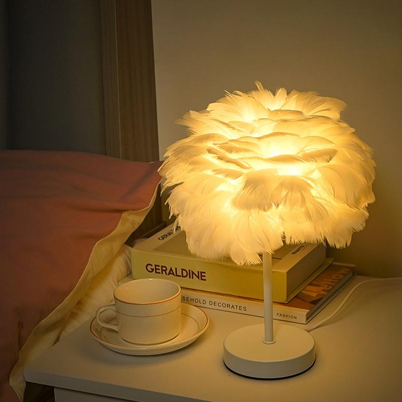 Ins Romantic Feather Table Lamp, Dimmable Bedside Night Light for Bedroom Decor
