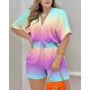 Women's Fashionable Casual Summer/ Spring Color-blocked Print Short-sleeved V-neck High-waist Long Pants One-piece Suit