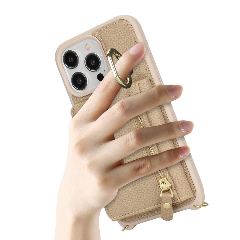 For iPhone 14 Pro Case Card Bag Ring Kickstand PU Leather+TPU Phone Cover with Shoulder Strap