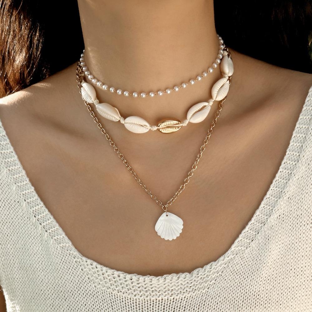 3 Layers Shell Pendant Necklace Bohemian Clavicle Chain Vintage Sweater Chain  Beach