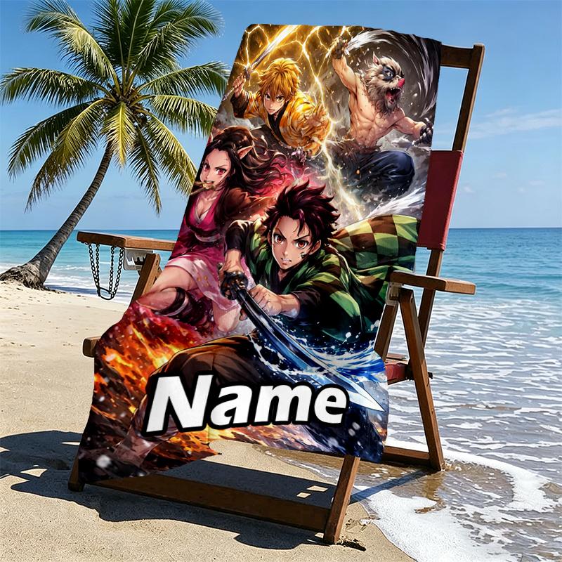 Custom Name Personalized Demon Slayer Print Beach Towel, for Trip Camping Beach Party Home Decor, Birthday Gift for Family & Friends
