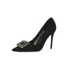 Black High Heels Women's 2025 New Autumn Thin Heel Rhinestone Suede Not Tired Feet Temperament Pointed Square Buckle Women's Single Shoes