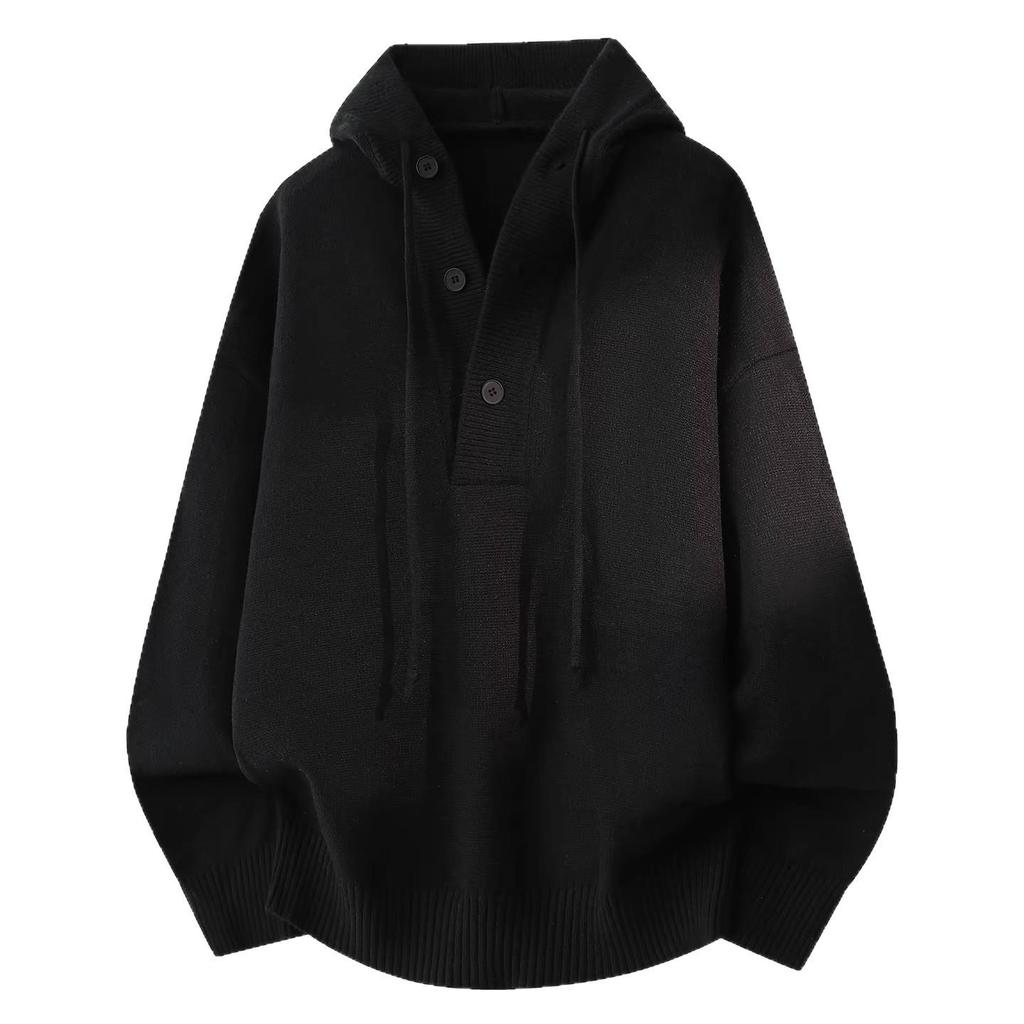 Men's Heavyweight Solid Color Knit Hooded Sweater - Loose Fit Casual Pullover for Autumn/Winter