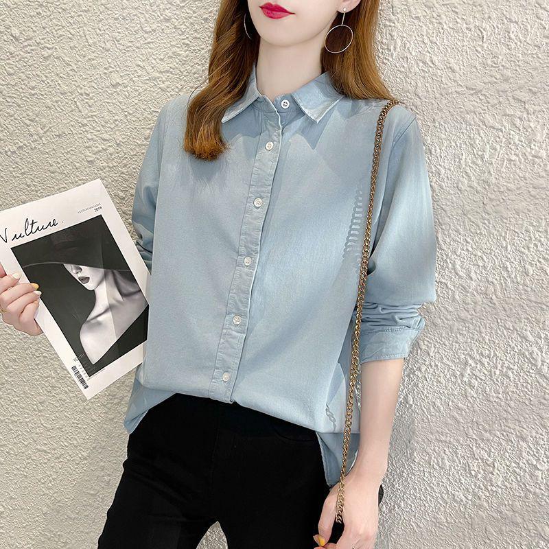 

Women s Autumn/Winter Thickened Cotton Flocked Shirt - Korean Style, Loose Fit, Age-Reducing Trendy Top L (110-120 lbs) синий