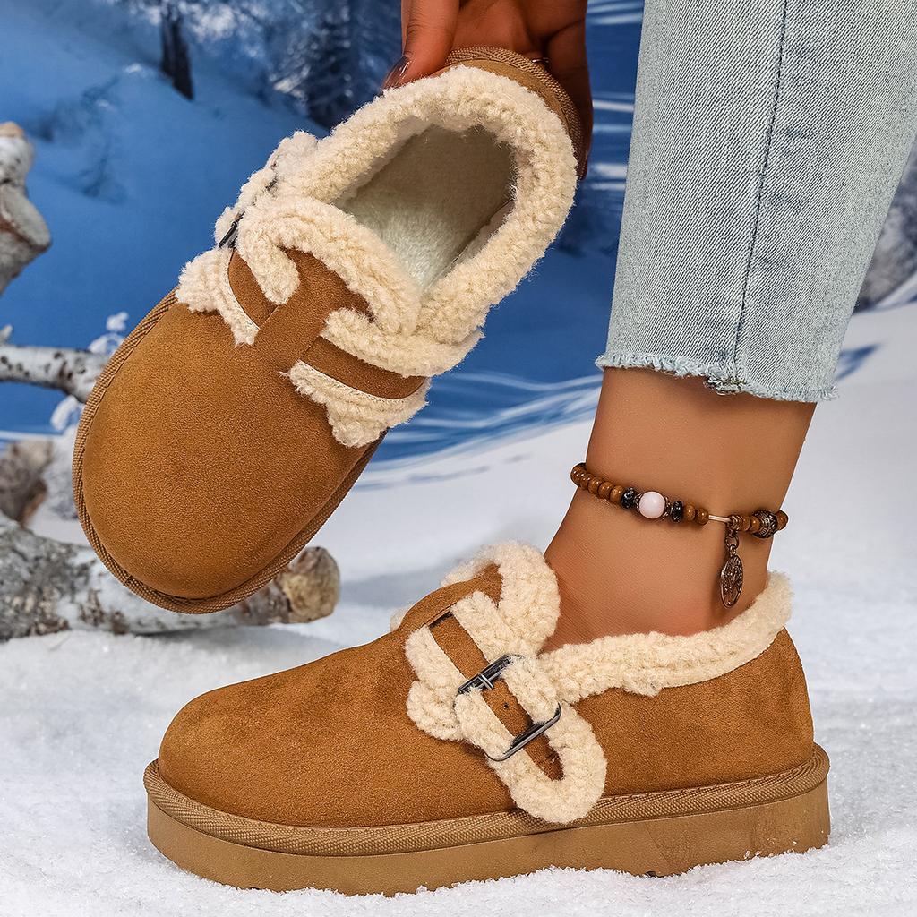 Fashion Soft Thick Bottom Furry Casual Shoes Women 2025 Winter Warm Short Plush Flats Shoes Metal Buckle Non Slip Snow Boots for Woman