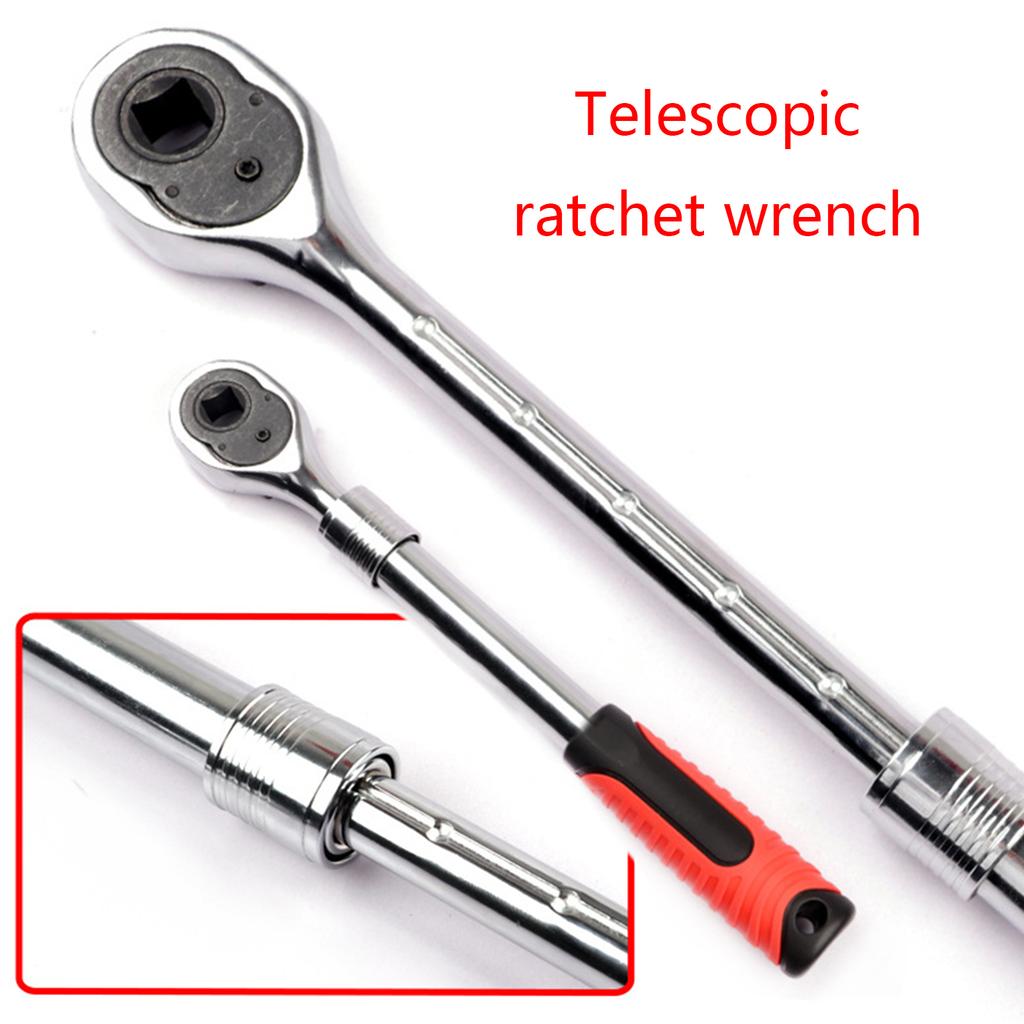 Carbon Steel Ratchet Wrench with Interchangable for Head 1/2" 1/4"& 3/8" Adapters Retractable Wrench Adjustable Wrench