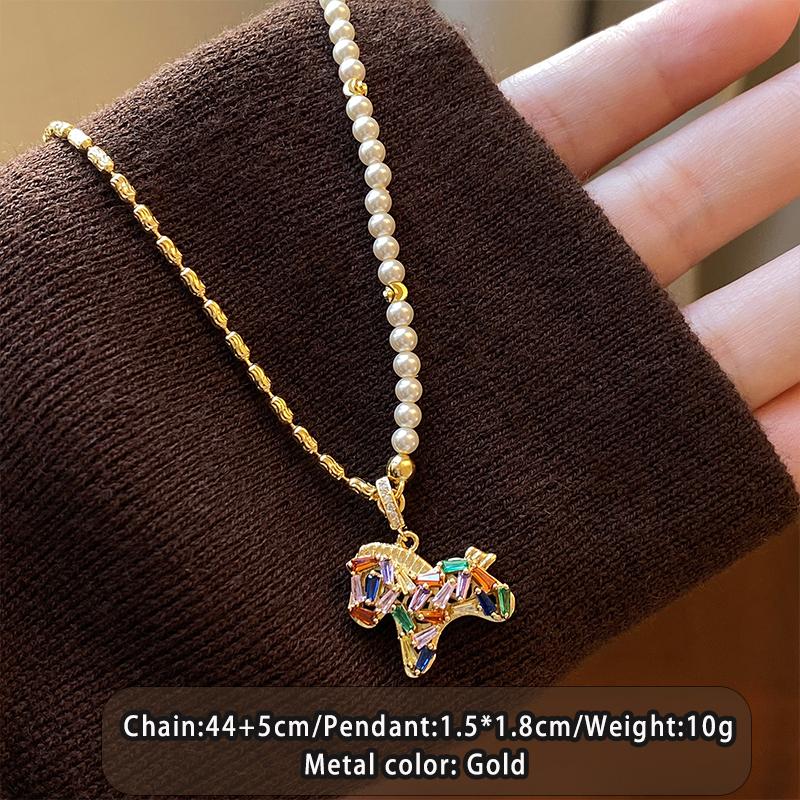 

Colorful Zircon Pony Pendant Necklace For Women s Pearl Metal Splicing Chain Light Luxury Jewelry Set Trendy Clavicle Accessory