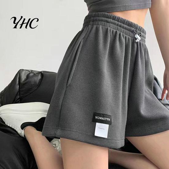 Loose Bottoms High-Waist Elastic Waistband Pockets Waffle Texture Women Shorts Fitness Wide Leg High Waist Sports Streetwear
