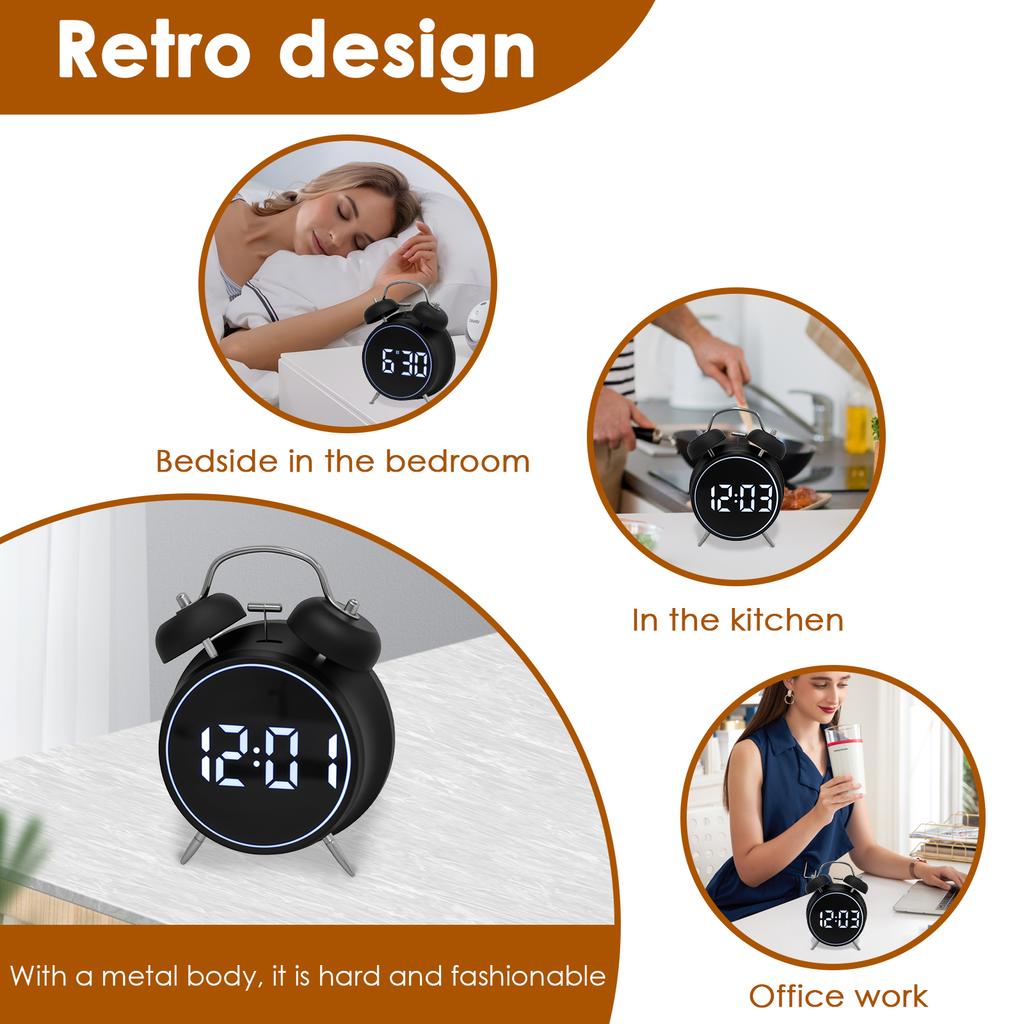 Digital Twin Bell Loud Alarm Clock Metal Frame 3D Dial with Backlight Battery Operate Desk Table Alarm Clock For Home and Office
