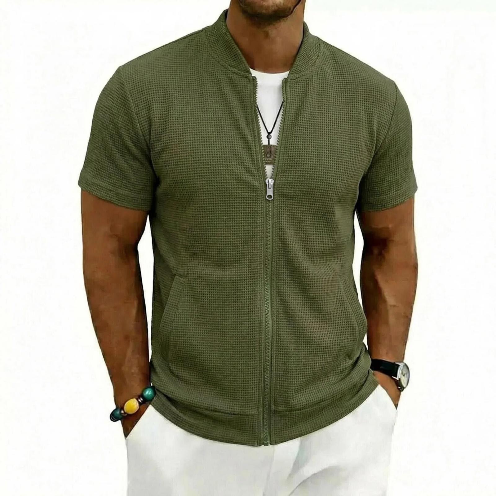 

Men s Slim, Lightweight And Breathable Sports Zipper Shirt - Men s American- Casual Short-sleeved Top L армия зеленый